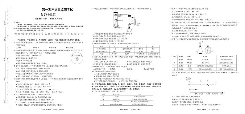 陕西省渭南市大荔县2022-2023学年高一上学期期末考试化学试题（鲁教版）01