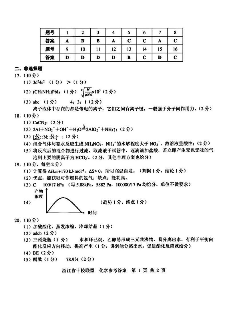 浙江省十校联盟2023届高三第三次联考化学答案第1页