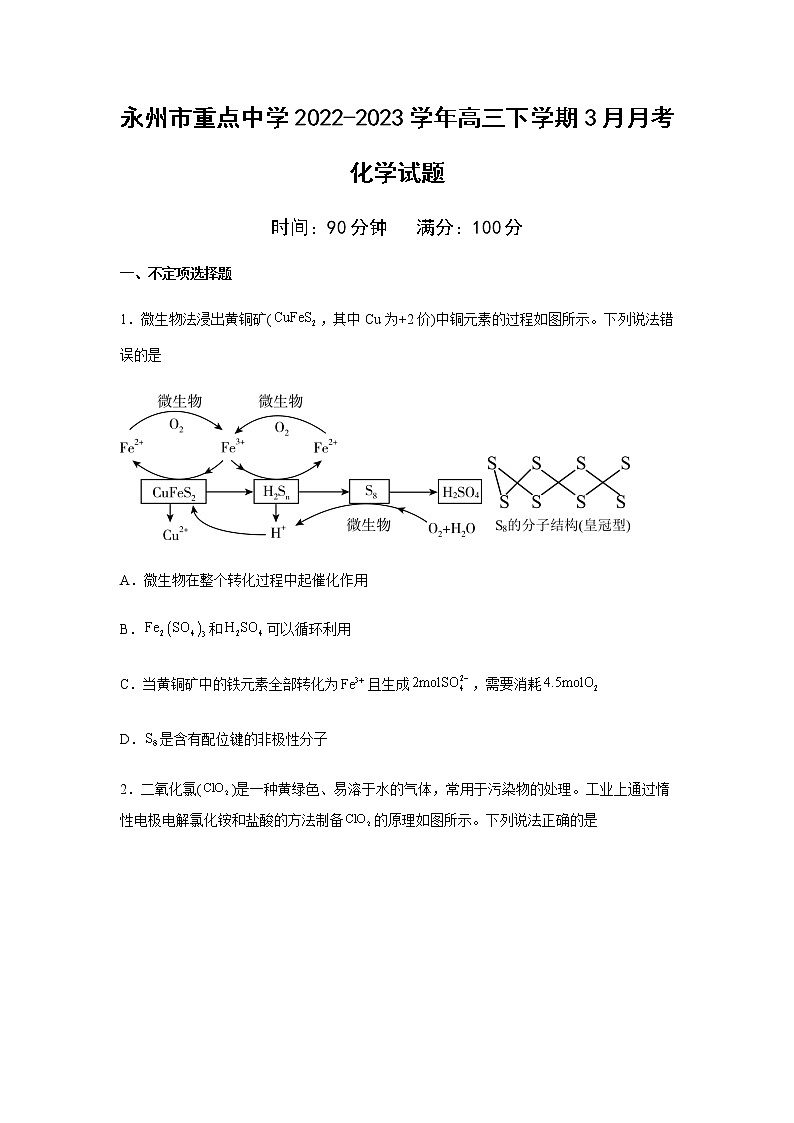 湖南省永州市重点中学2022-2023学年高三下学期3月月考化学试题（含答案）第1页