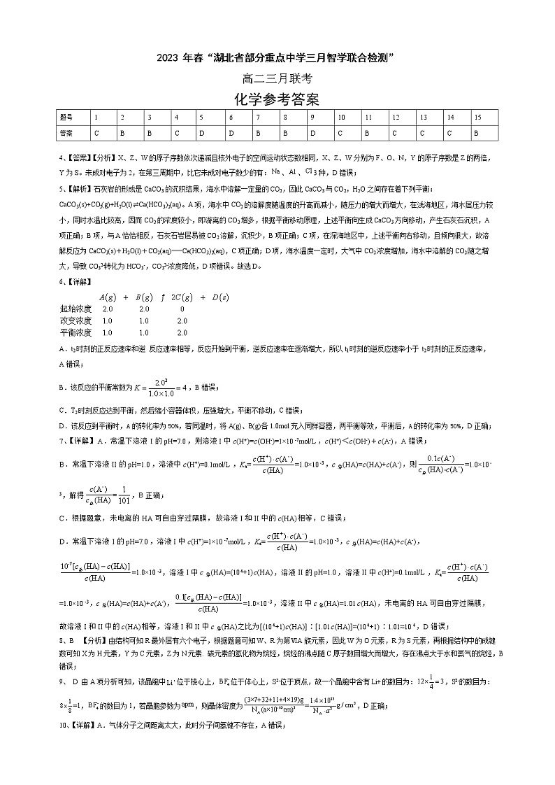 2023湖北省部分重点中学高二下学期3月智学联合检测试题化学PDF版含答案01