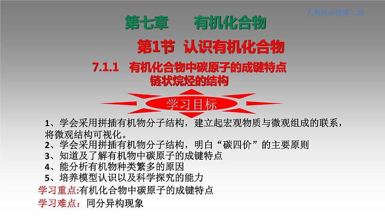 7.1.1 有机化合物中碳原子的成键特点 链状烷烃的结构（备课件）-高一化学同步备课系列（人教版必修第二册）01