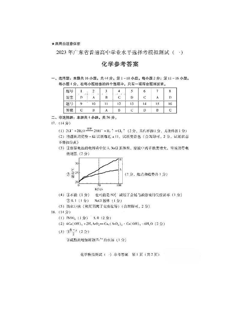 2023届高三广东省一模+化学答案第1页
