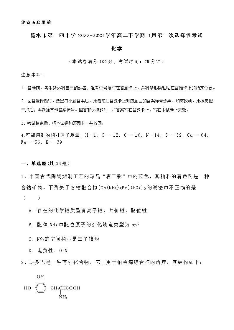 河北省衡水市第十四中学2022-2023学年高二下学期3月第一次选择性考试化学试题（含解析）01