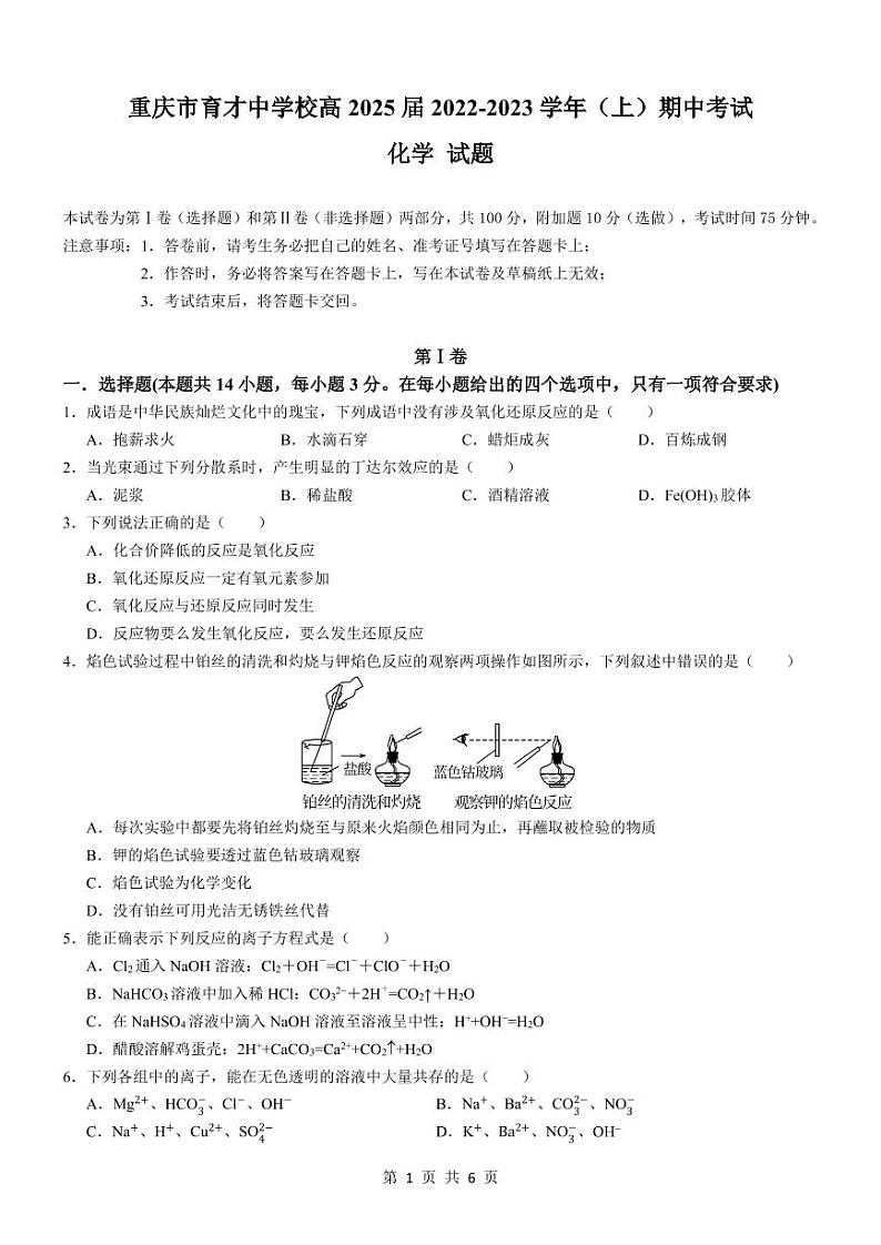 重庆市育才中学校2022-2023学年高一上学期期中化学试题第1页