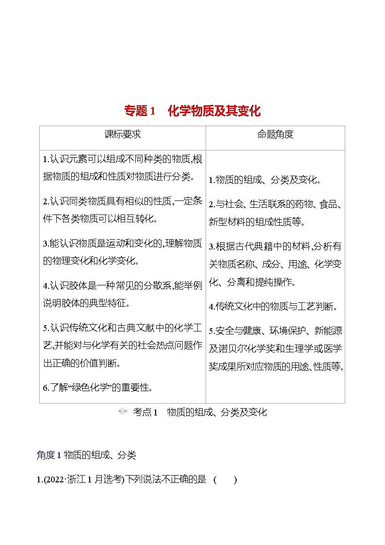 2023 高考化学二轮专题复习 专题1　化学物质及其变化 专题复习（教师版）第1页