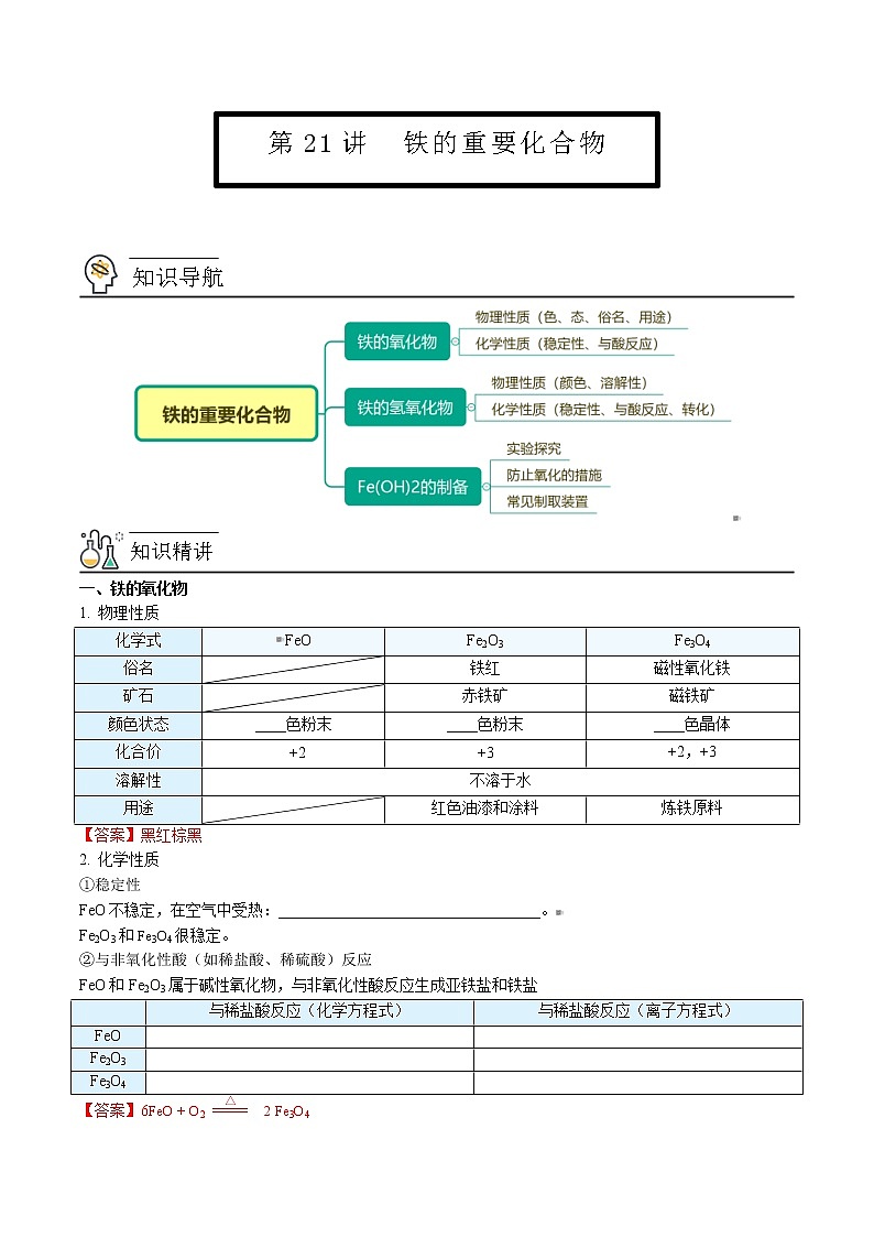 人教版高中化学必修第一册精品讲义第21讲 铁的重要化合物（教师版）第1页