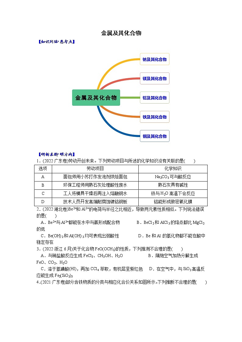 02    考向2     金属及其化合物（附答案解析）-备战2023年高考化学大二轮专题突破系列（全国通用）01
