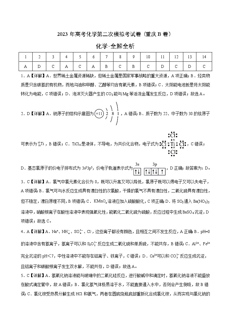 2023年高考第二次模拟考试卷-化学（重庆B卷）（全解全析）第1页