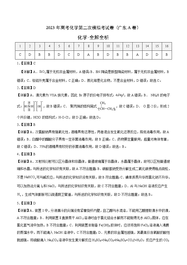 2023年高考第二次模拟考试卷-化学（广东A卷）（全解全析）01