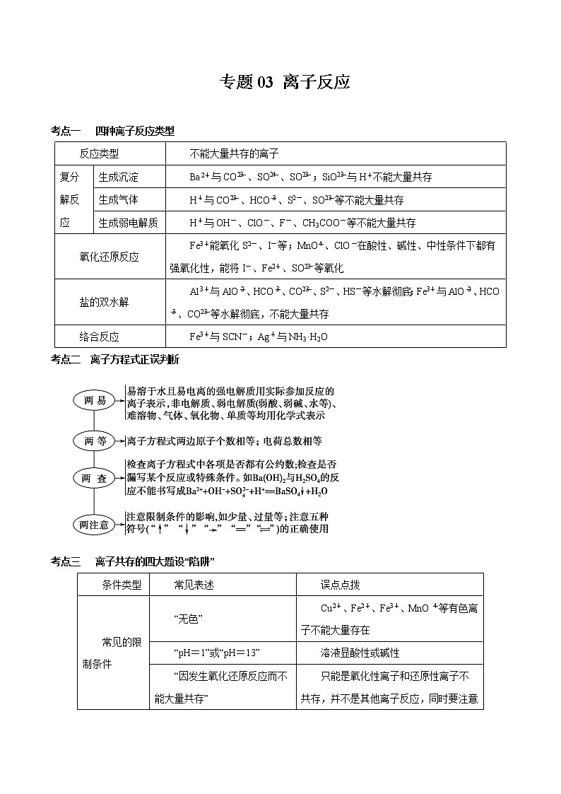 专题03 离子反应-备战高考化学核心考点归纳与最新模拟测试（全国通用）01