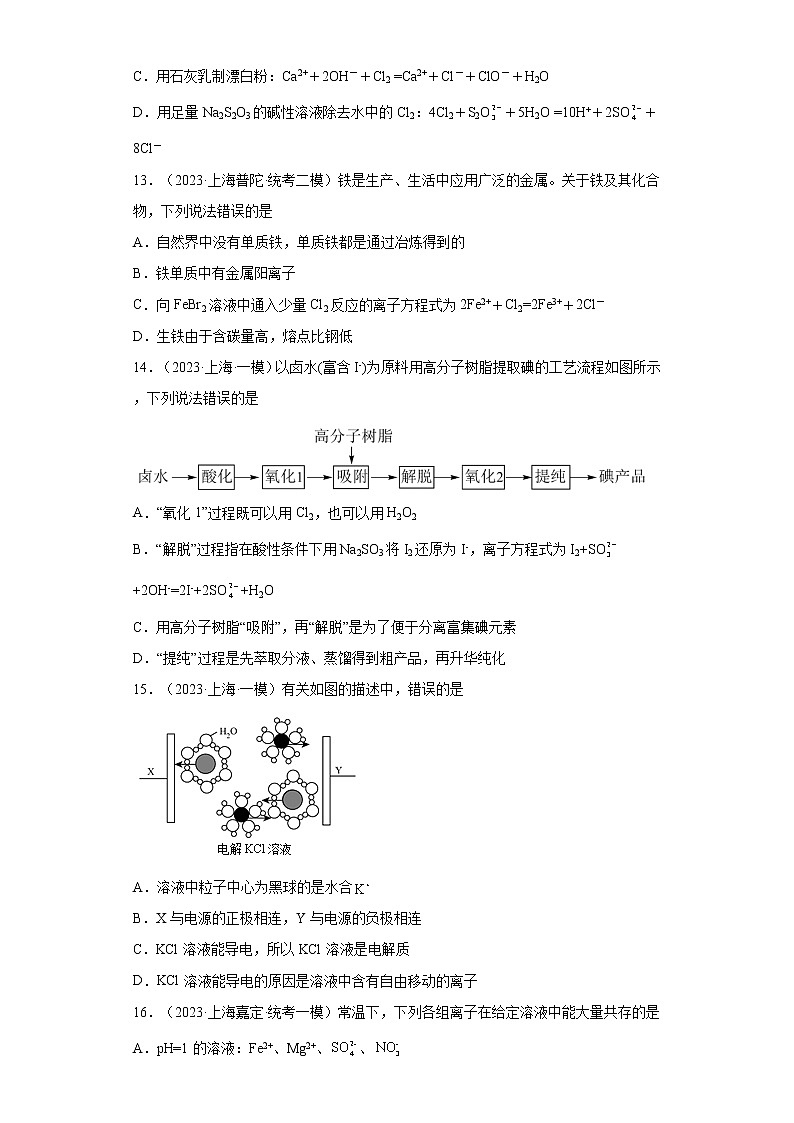 上海市2023年高考化学模拟题汇编-01化学用语、化学计量、离子反应03