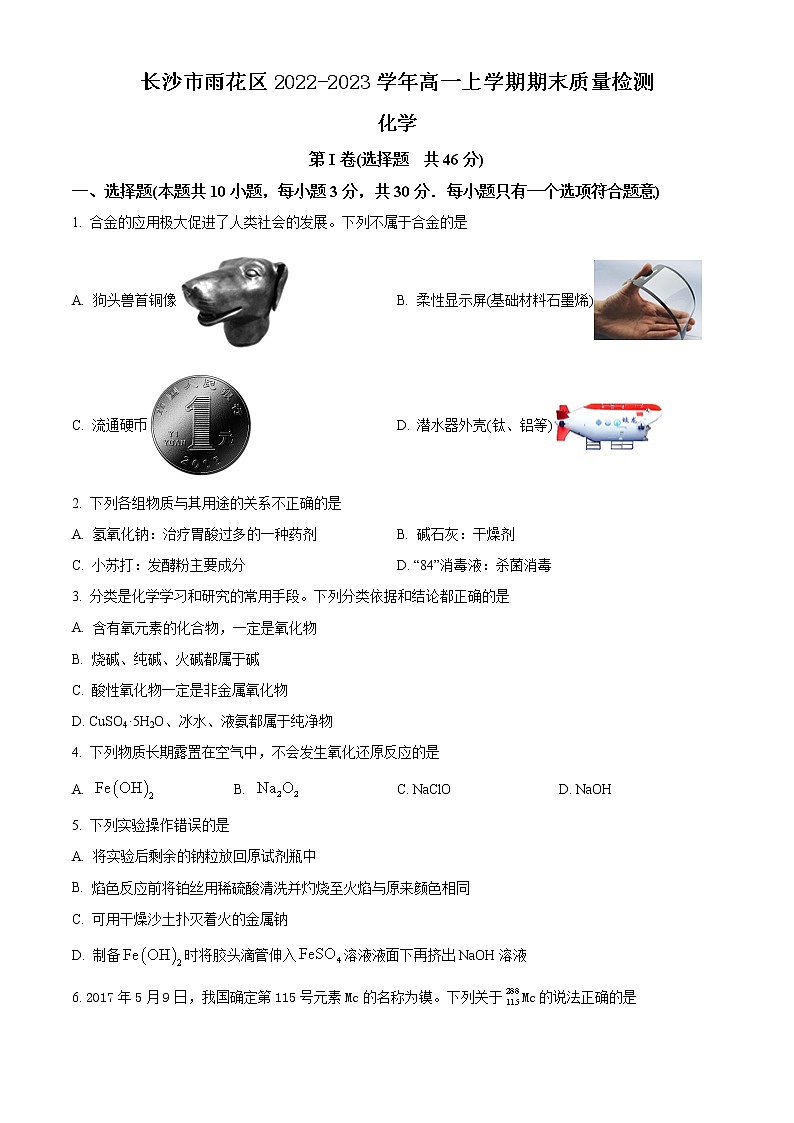 湖南省长沙市雨花区2022-2023学年高一上学期期末质量检测化学试题（含解析）01