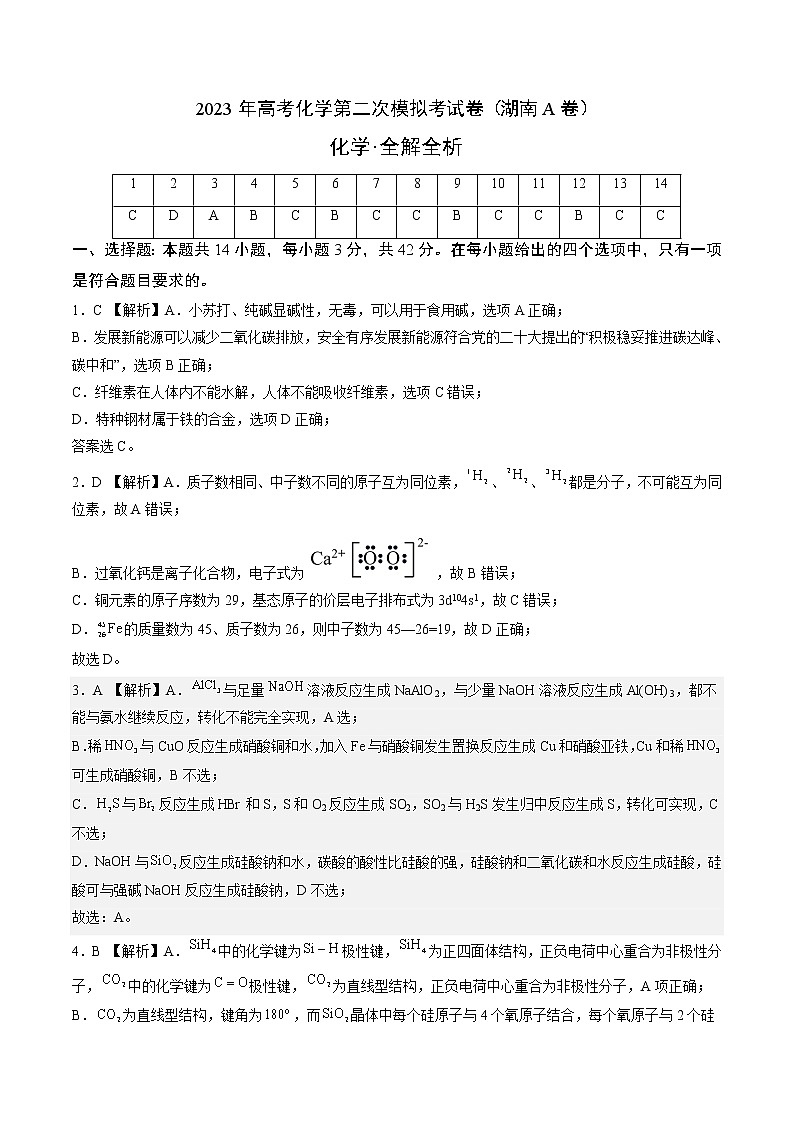 2023年高考第二次模拟考试卷-化学（湖南A卷）（全解全析）01