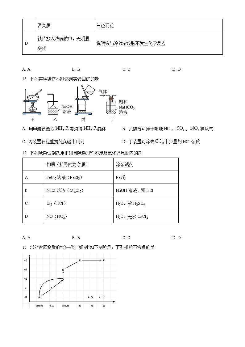 2023天津西青区杨柳青一中高一下学期第一次适应性测试化学试题含解析03