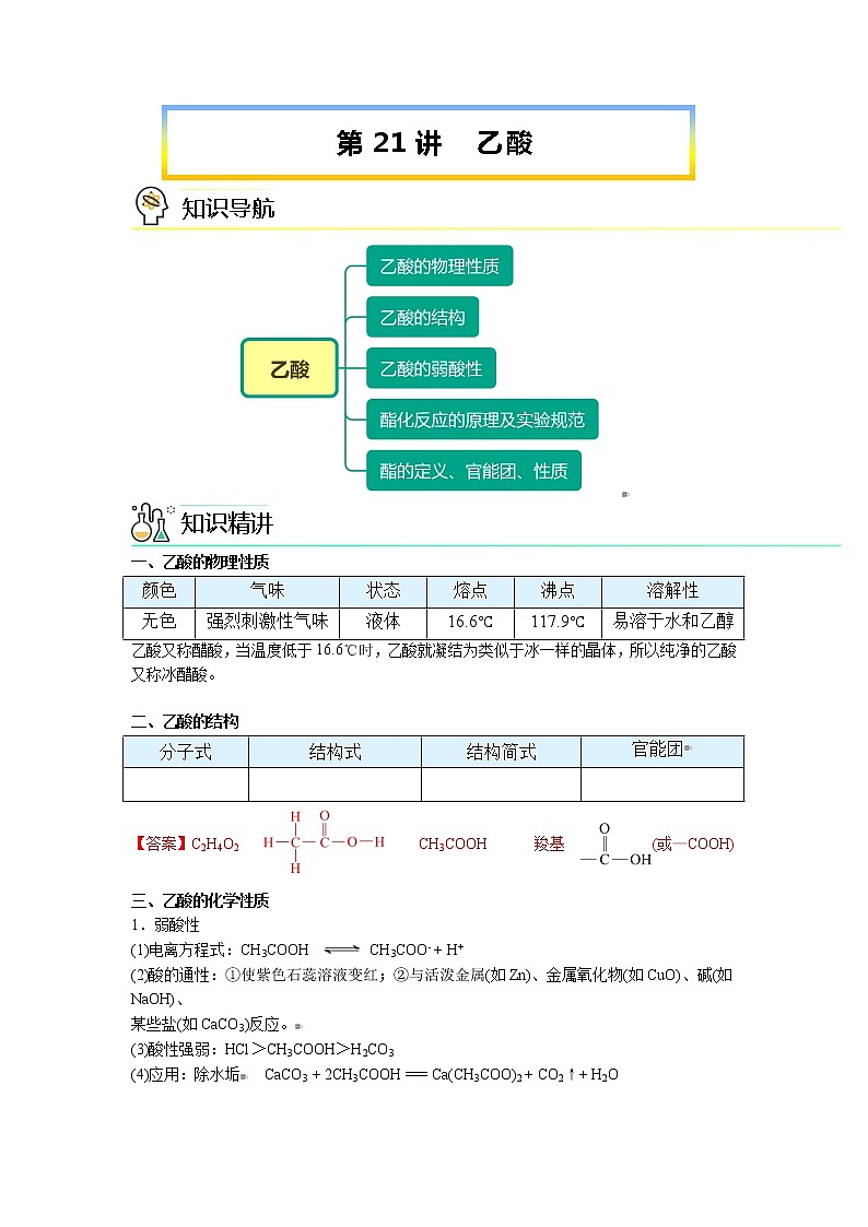 2023年新版高中化学 同步讲义（必修第二册） 第21讲 乙酸 Word版含解析01