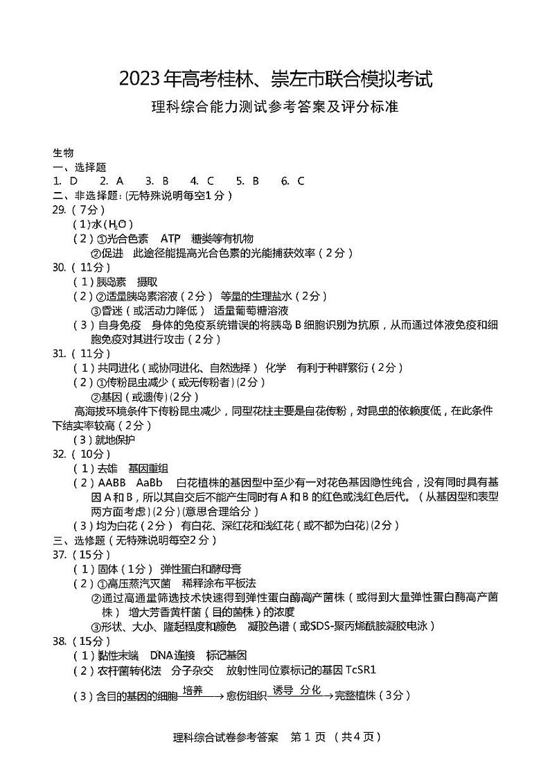 理科综合答案（物理生物）第1页
