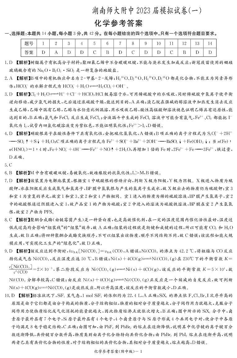 2023届湖南省长沙市湖南师范大学附属中学高三下学期模拟检测（一）化学答案和解析第1页