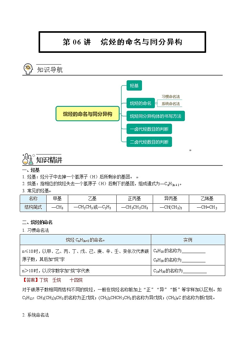 人教版高中化学选择性必修三精品讲义第06讲 烷烃的命名与同分异构（教师版）第1页