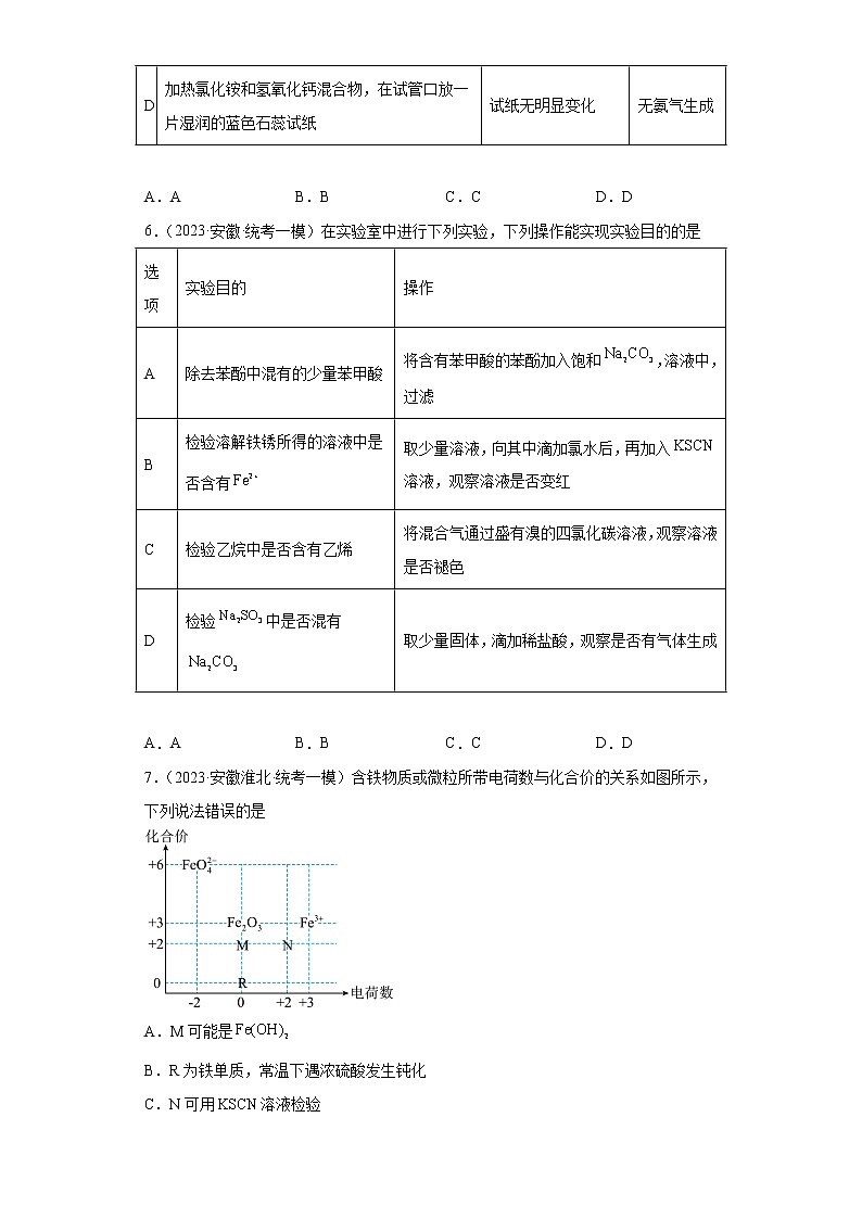 安徽省2023年高考化学模拟题汇编-05铁及其化合物03