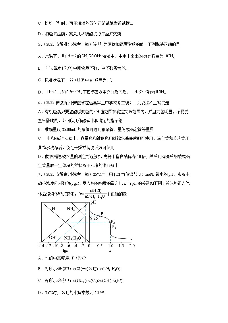 安徽省2023年高考化学模拟题汇编-09水的电离及溶液的酸碱性、弱电解质的电离、沉淀溶解平衡03