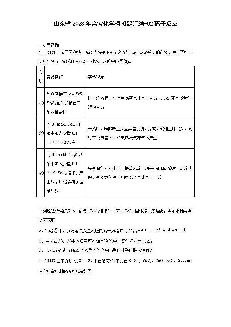 山东省2023年高考化学模拟题汇编-02离子反应第1页