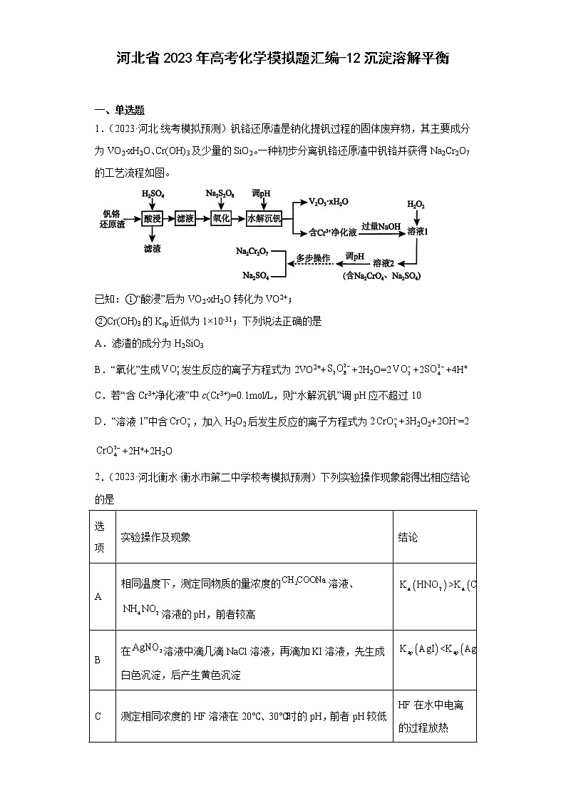 河北省2023年高考化学模拟题汇编-12沉淀溶解平衡第1页