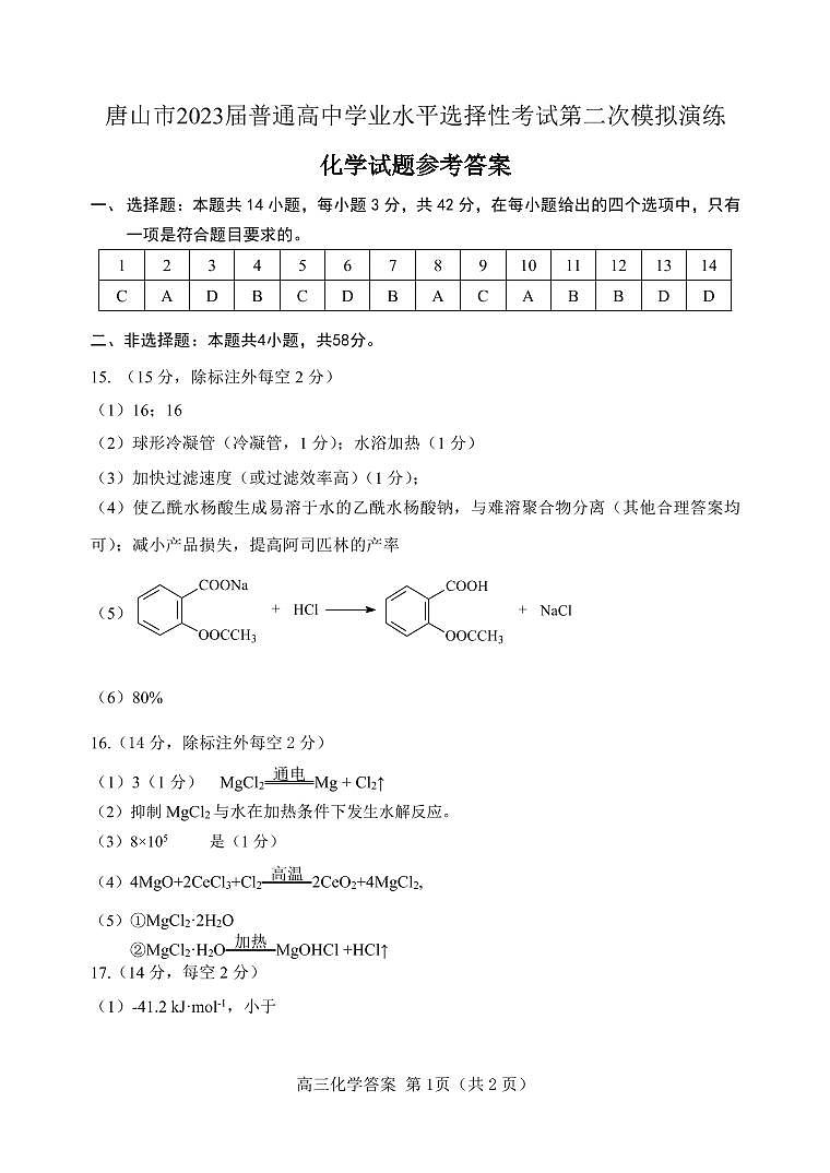 二模化学参考答案第1页