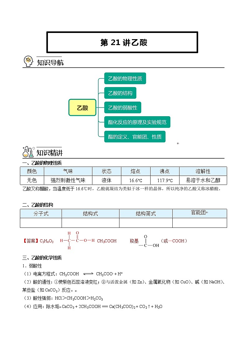 人教版高中化学必修第二册精品讲义第21讲 乙酸（教师版）第1页
