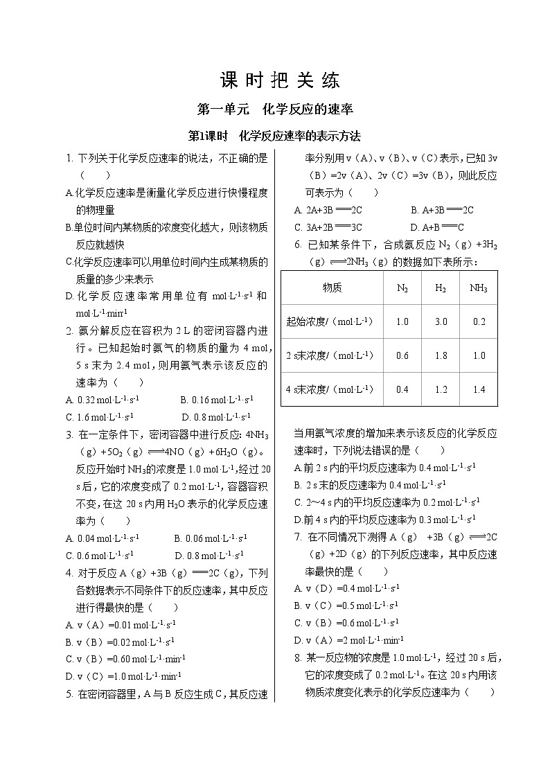 苏教版高中化学选择性必修1·专题2  第一单元  第1课时  化学反应速率的表示方法（同步练习含答案）第1页
