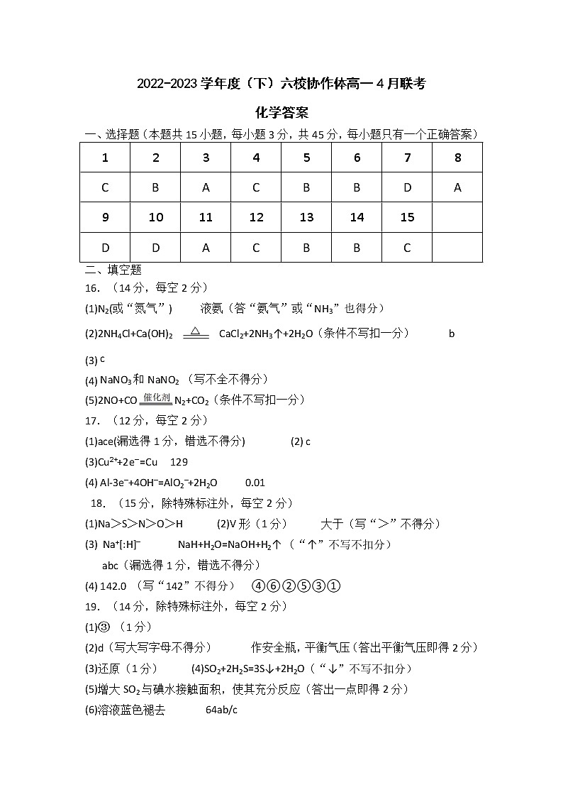 2023辽宁省六校协作体高一下学期4月月考试题化学图片版含答案01
