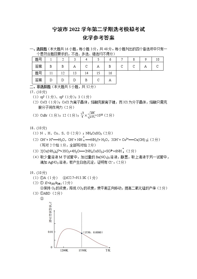 2023宁波高三下学期4月二模试题化学PDF版含答案01