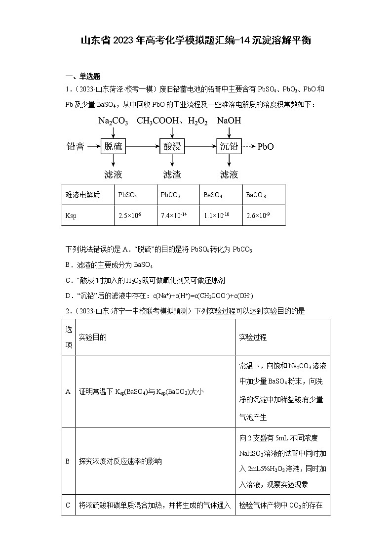 山东省2023年高考化学模拟题汇编-14沉淀溶解平衡01