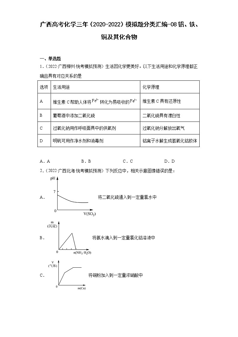 广西高考化学三年（2020-2022）模拟题分类汇编-08铝、铁、铜及其化合物01