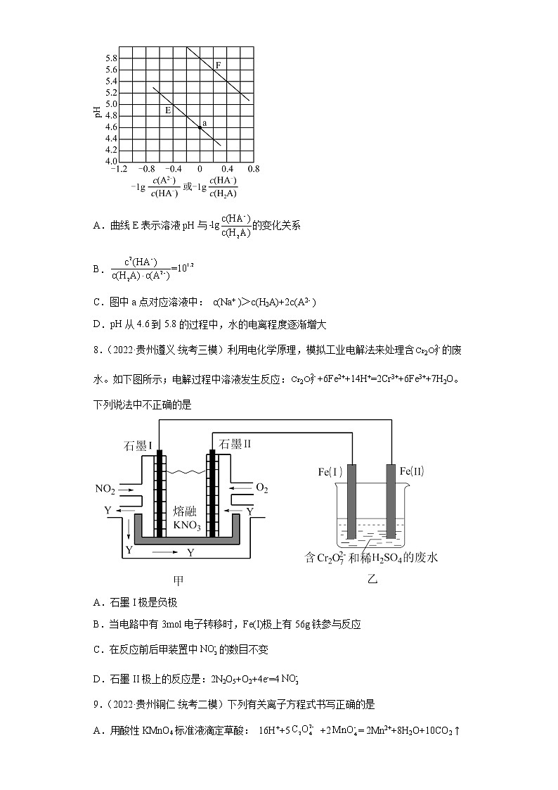 贵州高考化学三年（2020-2022）模拟题分类汇编-7水溶液中的离子反应和平衡，化学能与电能103