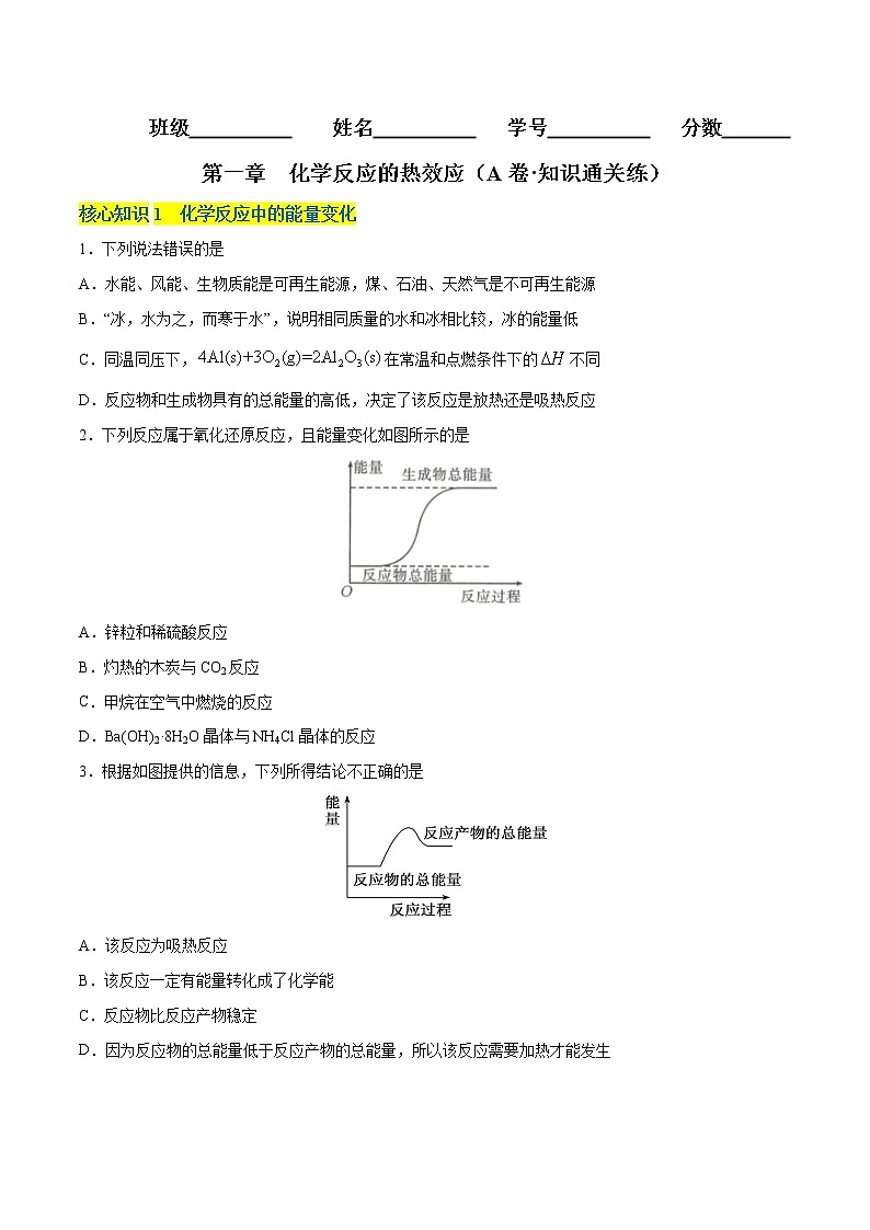 第一章  化学反应的热效应（A卷·知识通关练）（原卷版）第1页