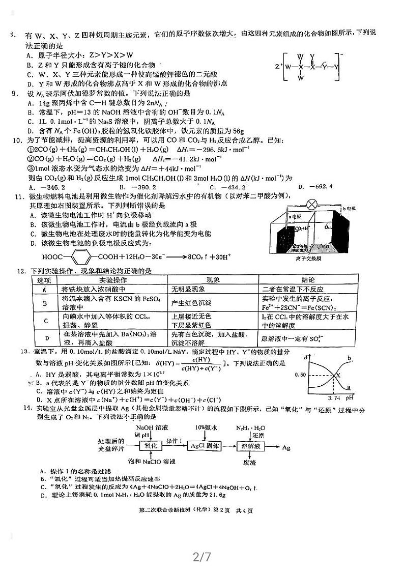 2021届重庆（主城区）高三下学期4月第二次联合诊断检测（4月康德卷）化学试题 PDF版第2页