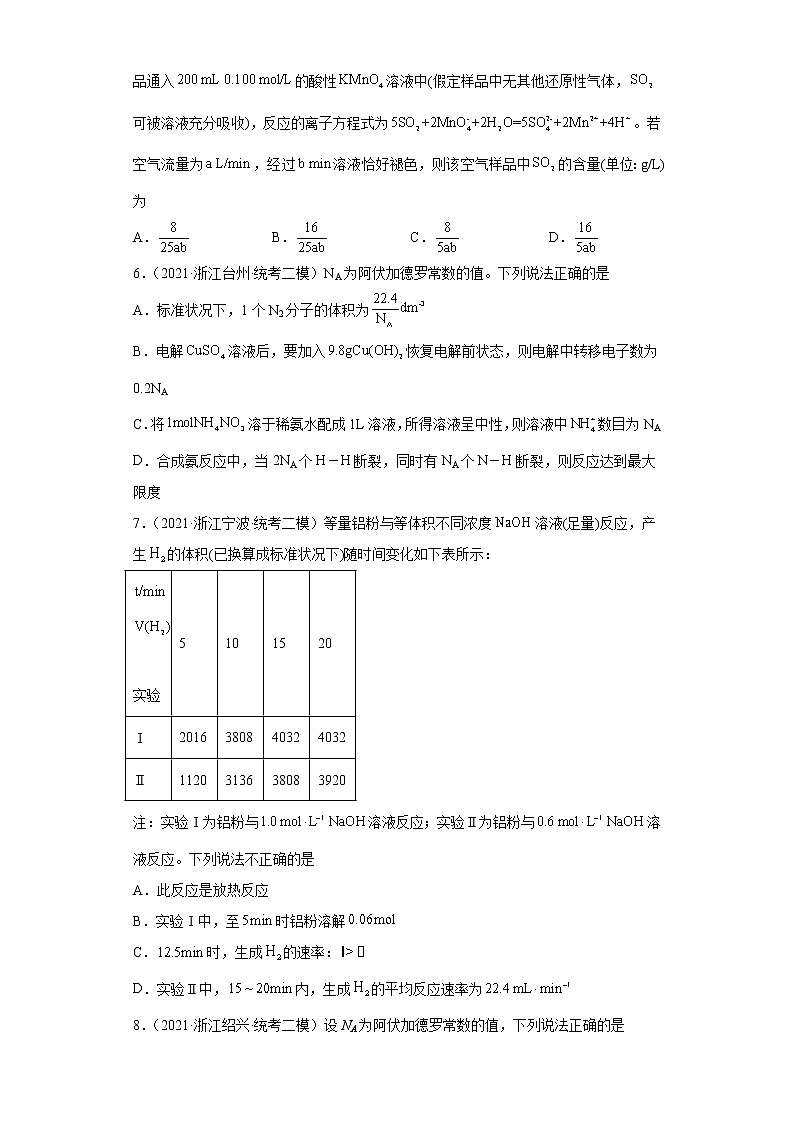 浙江高考化学三年（2020-2022）模拟（二模、三模）题分类汇编-11化学计量（选择题-提升题）02