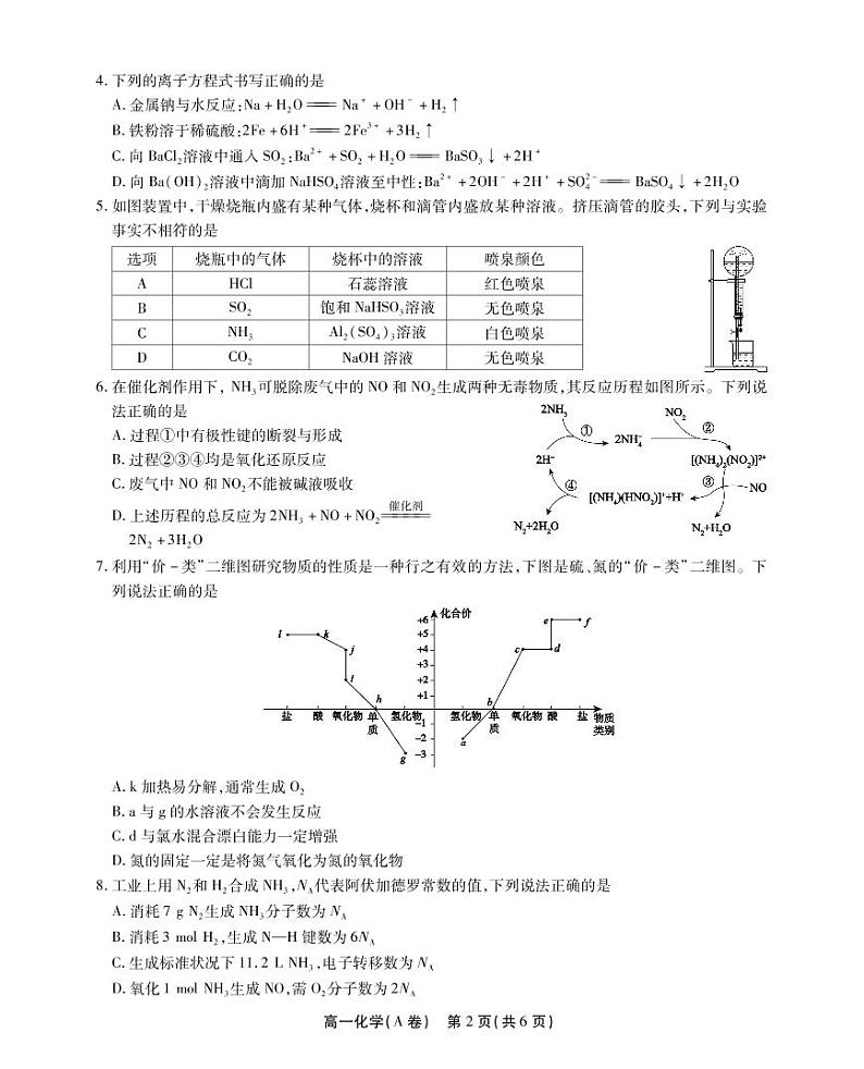 2023安徽省鼎尖名校联盟高一下学期4月联考试题化学（A卷）PDF版无答案02