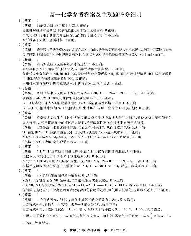 2023安徽省鼎尖名校联盟高一下学期4月联考试题化学（A卷）PDF版无答案01