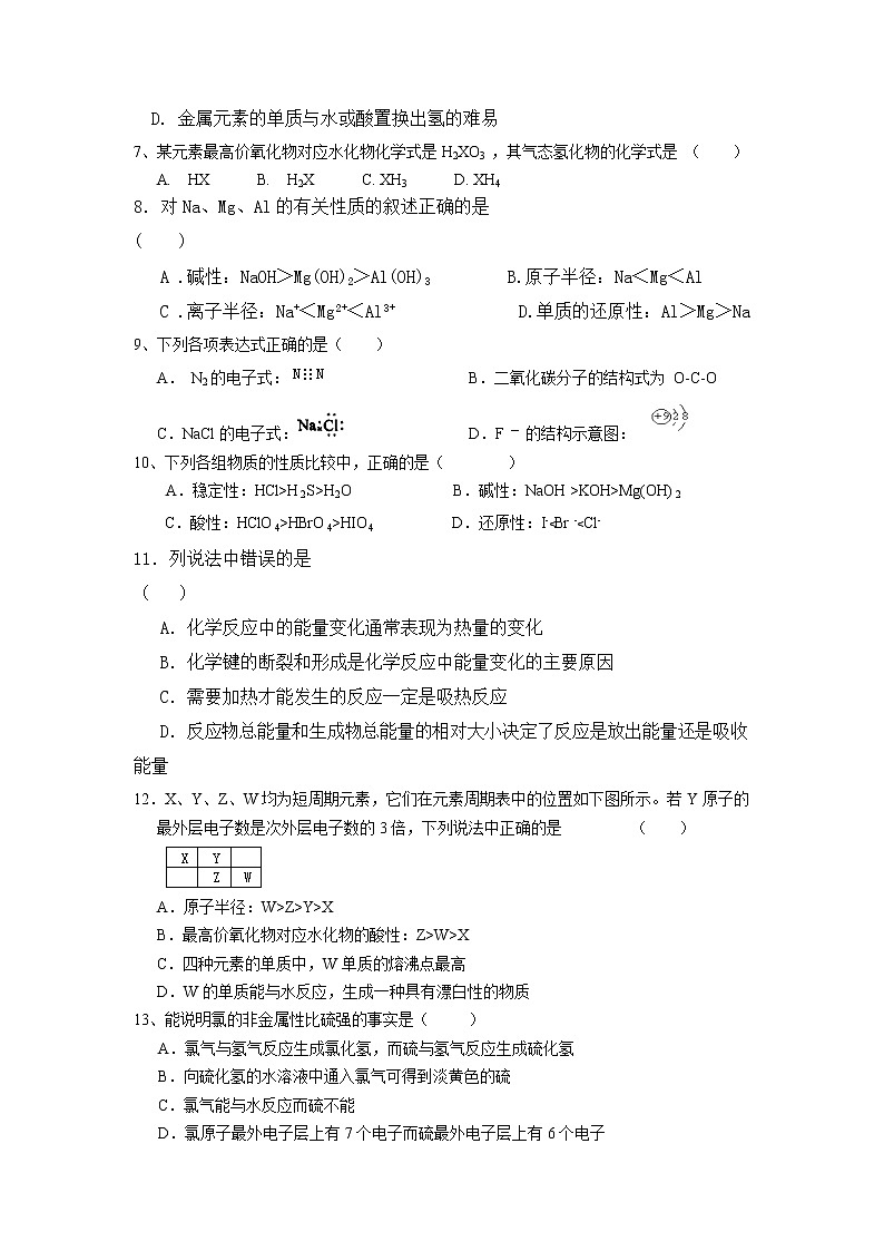宁夏灵武市第一中学2021-2022学年高一下学期期中考试化学试题02