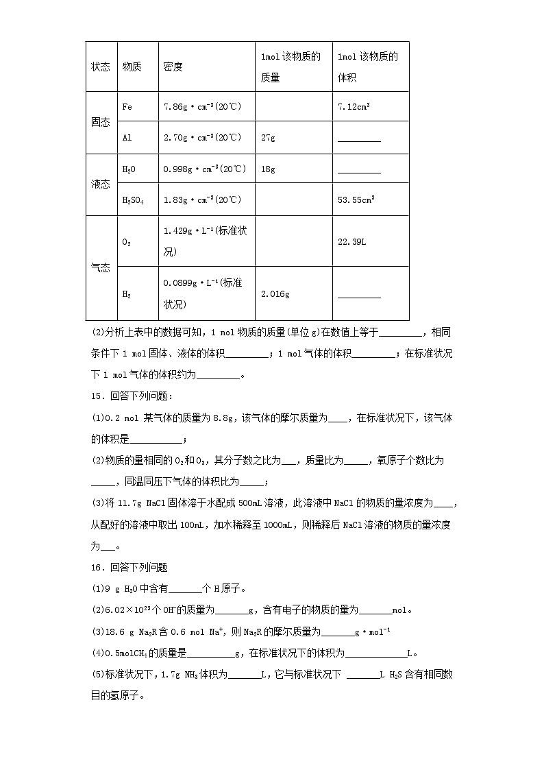 高中化学气体摩尔体积基础练习题（含解析）03