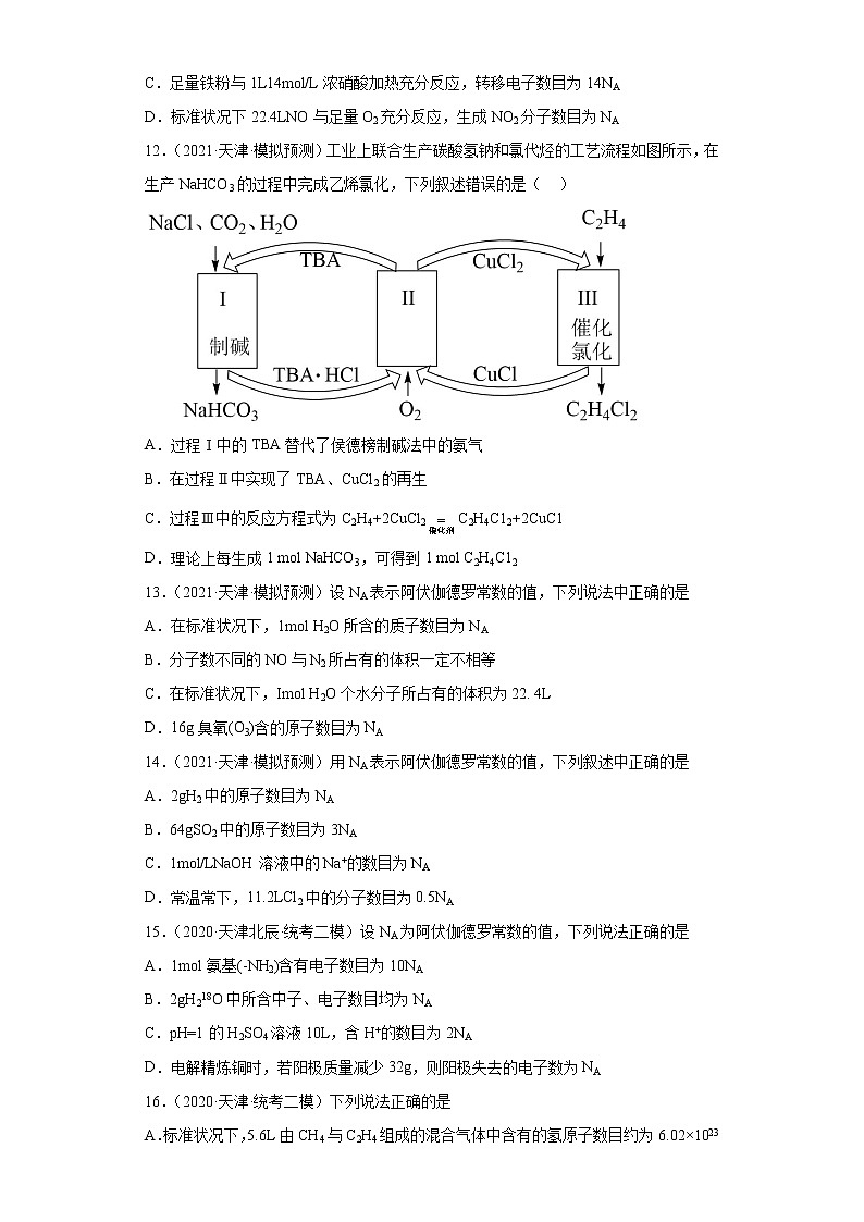 天津高考化学三年（2020-2022）模拟题分类汇编-06化学计量（2）03