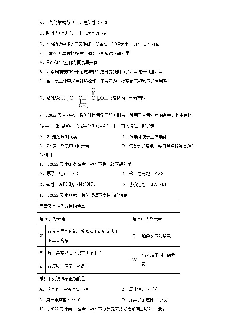 天津高考化学三年（2020-2022）模拟题分类汇编-53元素周期表，元素周期率（1）03