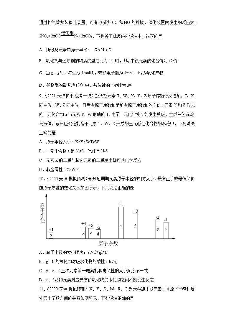 天津高考化学三年（2020-2022）模拟题分类汇编-55元素周期表，元素周期率（3）03