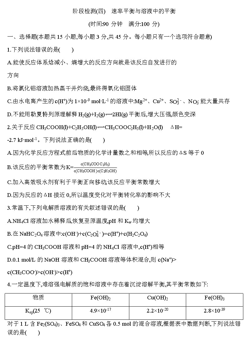 2023届人教版高考化学一轮复习速率平衡与溶液中的平衡阶段检测含答案第1页