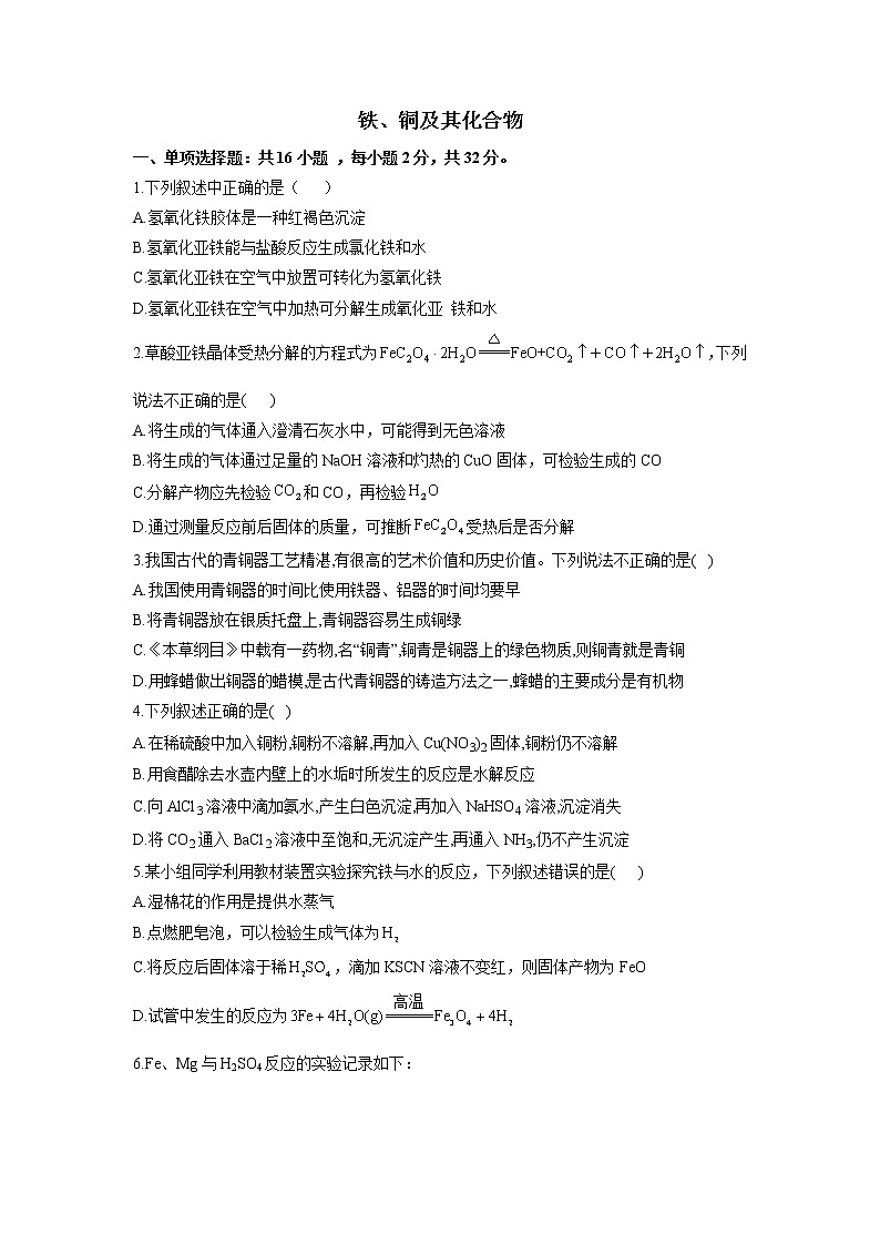 2023届新高考化学一轮复习铁、铜及其化合物单元测试含答案第1页