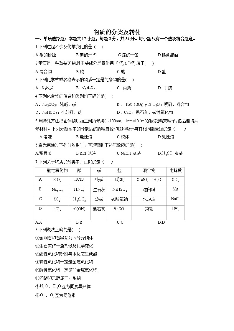 2023届新高考化学一轮复习物质的分类及转化单元测试含答案第1页