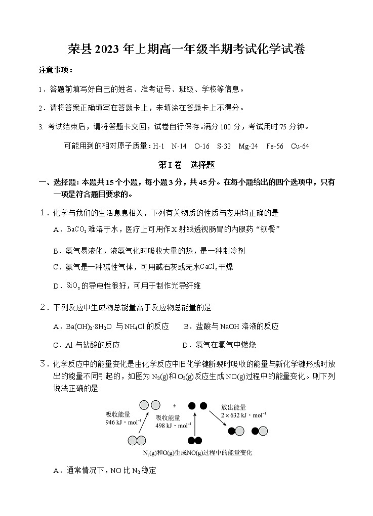 四川省自贡市荣县2022-2023学年高一上学期期中考试化学试题含答案第1页