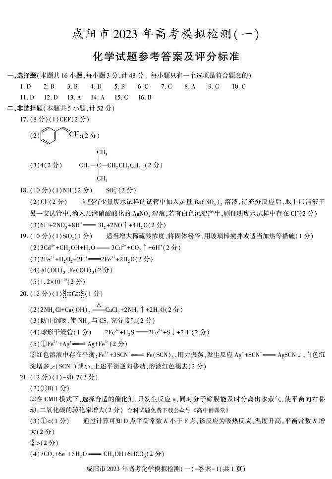 2023届陕西省咸阳市高考模拟检测（一）化学试题 PDF版01