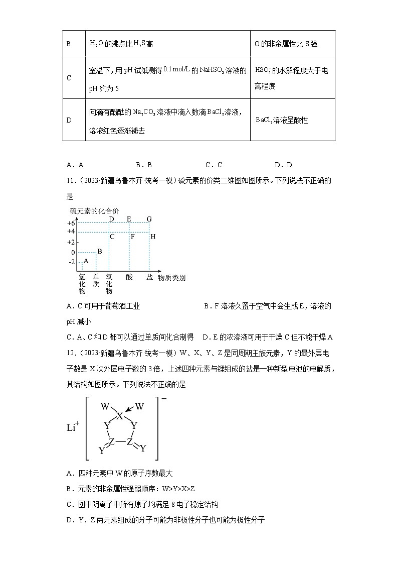 新疆乌鲁木齐2021届-2023届高考化学三年模拟（一模）按题型分类汇编-01选择题03